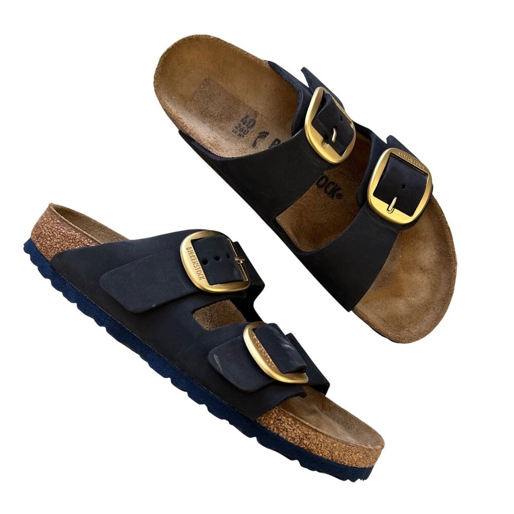 Birkenstock Black Two-Strap Sandals with Gold Buckles and Navy Sole